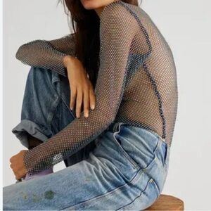 Free People Navy Sheer Mesh Rhinestone Long Sleeve Top